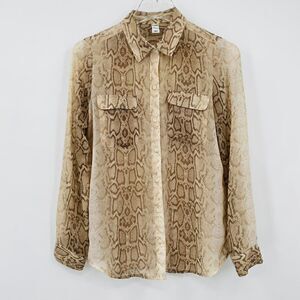 Old Navy Size XS Tan Long Sleeve Snake Animal Print Sheer Button Down Blouse Top